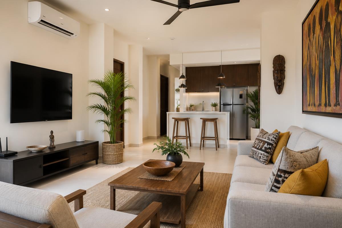 Salon moderne et cuisine équipée d'un appartement à Koulikoro